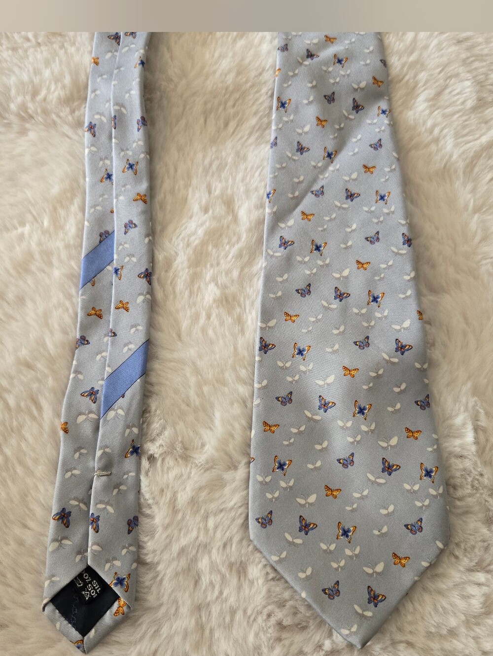 Salvatore Ferragamo Light Blue Tie with Orange and Blue Butterfly Motif
